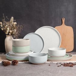 12 PCS Speckled Multi-Color Stoneware Dish & Bowls Set w/Make-Up Clay, Ceramic Dinnerware Sets for 4