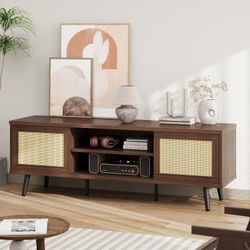 Bestier TV Stand for 65 75 Inch TV, Rattan Entertainment Center with Sliding Doors, Mid Century Modern TV Console with Storage Shelves, Media Console 