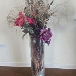 2 Pillar Glass Vases With Silk Flowers