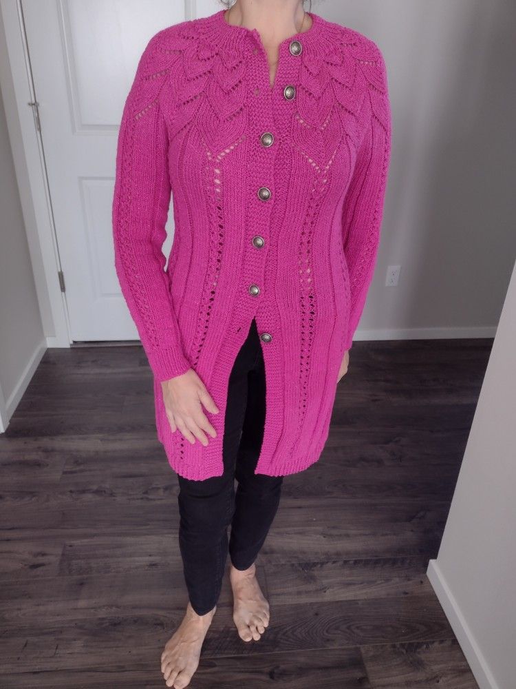 Hand Knit Hot Pink Long Cardigan, Button Up. Knitted Of Acrylic Metallic Yarn. One Size Fits Most S/ M.
