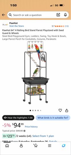 PawHut 64" H Rolling Bird Stand Parrot Playstand with Seed Guard & Wheels Steel Bird Playground Gym, Ladders, Swing, Toy Hook & Bowls, Large Parrot Pe