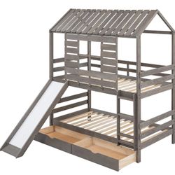 Bellemave House Bunk Bed with Slide Twin Over Twin Bunk Beds with Storage Drawers Tree House Bunked Frame