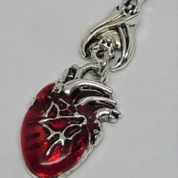 Red And Silver Tone Human Heart 22" Necklace 