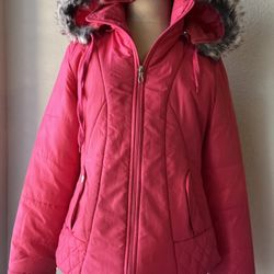 Women's Pink Parka Jacket M Fur Trim Hood (removable hood)