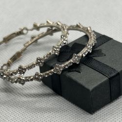 Stunning Silver Tone Hoop Earrings w/ Sparkling Clear Stones 