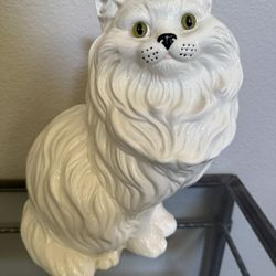 Vintage Large Ceramic White Persian Cat Green Eyes 14” Tall, small chip on right ear  Price is firm