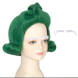 Kids Short Wavy Vibrant Green Wig with White Eyebrow Set Cosplay Outfit Wig NWOT
