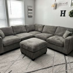 Fog Grey Plush Corduroy Sectional and Ottoman *BRAND NEW*