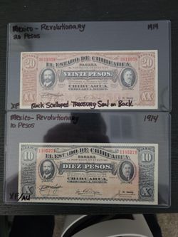 1914 Pancho Villa Mexican Revolution Banknote Set (10 & 20 Pesos)