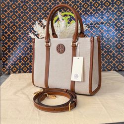 Tory Burch blake canvas Tan and Cream tote bag with brown strap