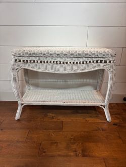 Chippy White Wicker Side Table with Lower Shelf