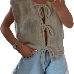 Women's Sleeveless Bow-Tie Front Vest Casual Sweater