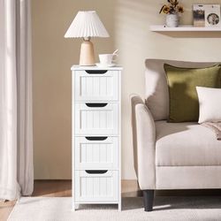 Slim Bathroom Floor Cabinet Wooden Side Storage Organizer Free-Standing Cabinet with 4 Drawers