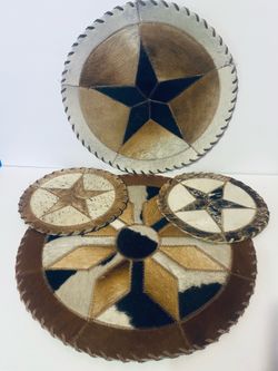 4 Gaucho Cowhide and Leather Laced Table Mats Made in Brazil (1) 18” (1) 16" (2) 10”