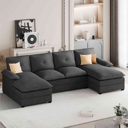 New Modern 110" Modular Sofas for Living Room Cloud Sofa U Shaped Sofa with Double Chaise 4 Seater Sofa Sets with Thick Cushion and Soft Backrest,   N