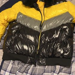 Yellow black and grey puffy coat