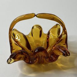 Vintage Miniature Amber Gold Art Glass Basket Dish