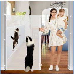 Stcockis 55 Inch Extra Tall White Mesh Cat Gate - Retractable, No Jumping, Extends to 55" Wide, Indoor/Outdoor