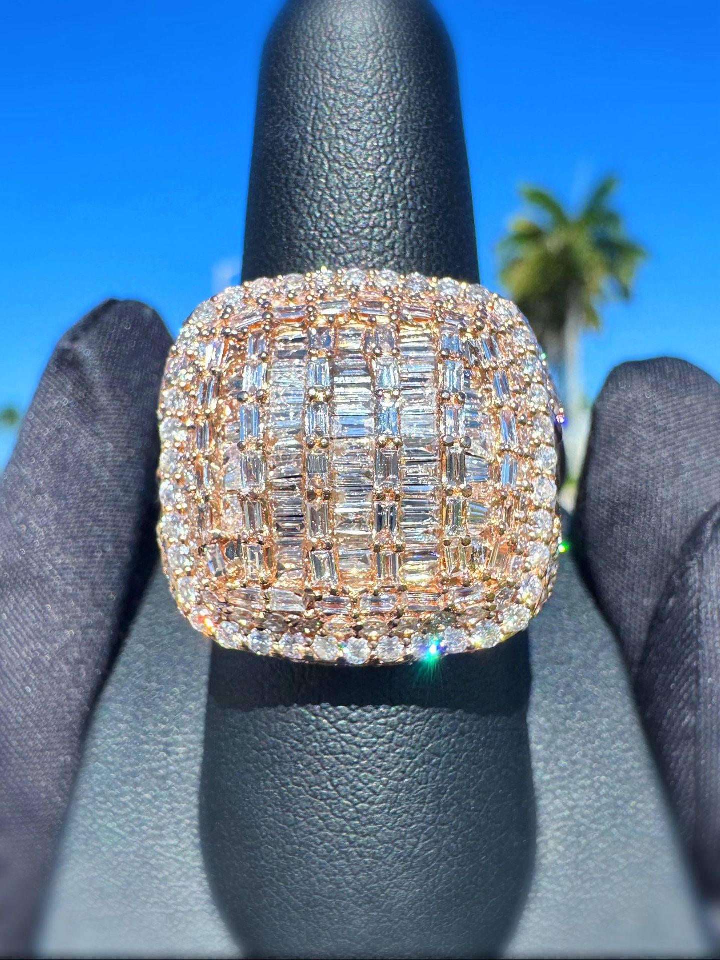 14k solid rose gold iced out 9CTW Natural baguette & round Diamond men’s bust down ring sz 9.5