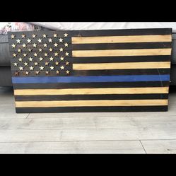 Blue Line Wooden Flag 