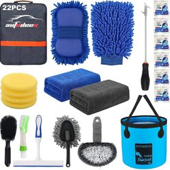 AUTODECO 22Pcs Car Wash Cleaning Tools Kit Car Detailing Set with Blue Canvas Bag Collapsible Bucket Wash Mitt Sponge Towels Tire Brush Window Scraper