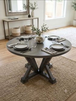 NEED GONE ASAP Modern Gray Wood Round Pedestal Dining Table - Trestle / X-Base