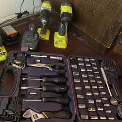2 Power Drills/2 Charging Stations/ 3 LED 18v Batteries/ Garage Tool Set Included/ Drill Bits 