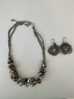 Copper, Silver, Grey Beaded Necklace And Earring Set