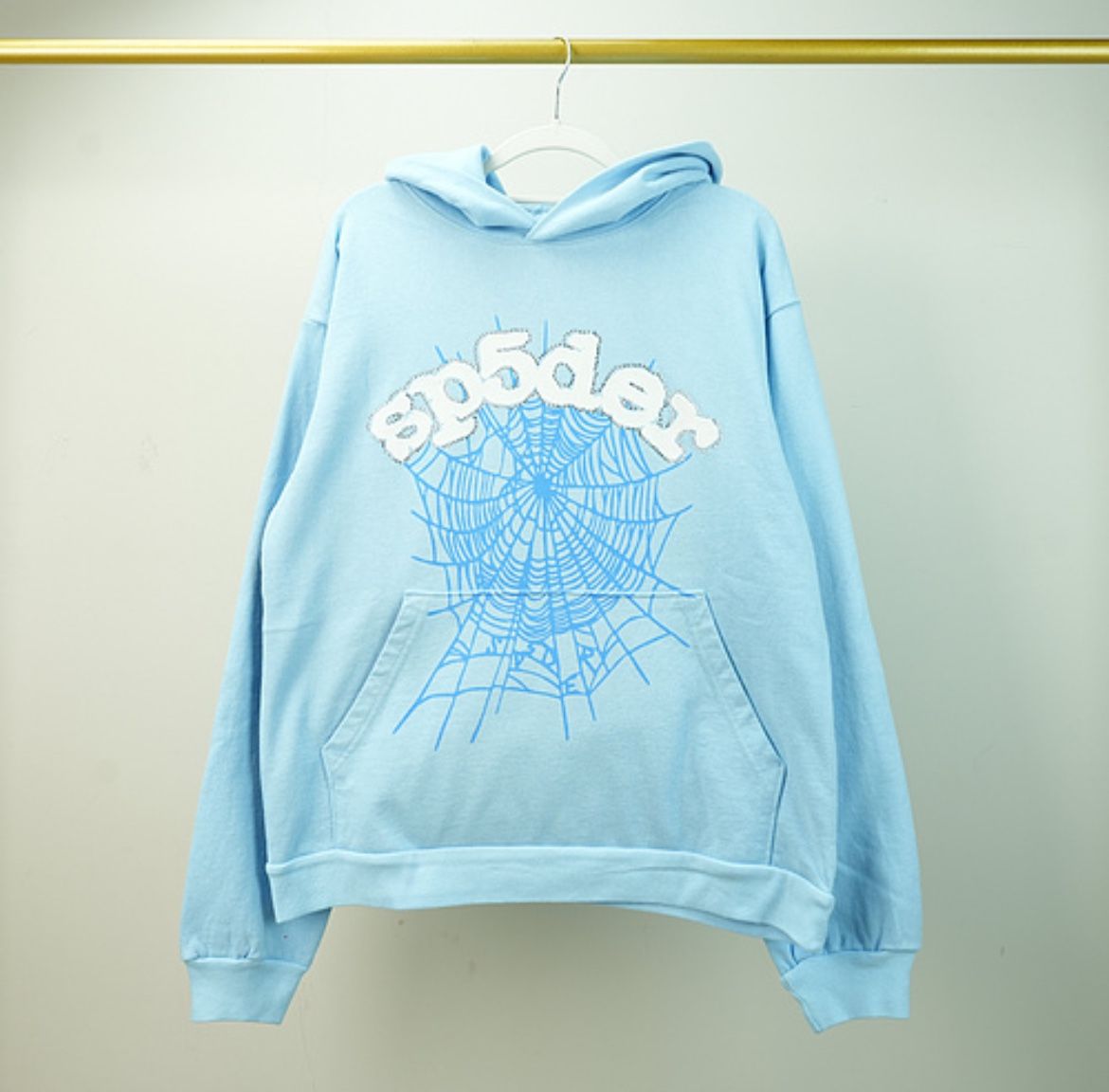 Large Blue “SP5DER” White Lettering Hoodie Sweatshirt