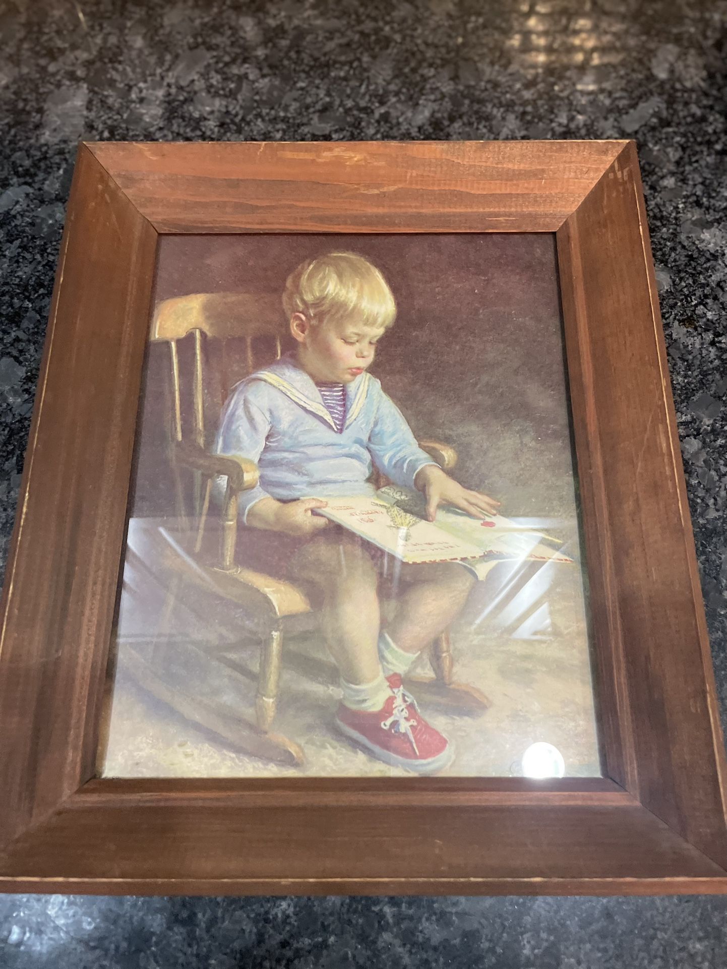 Vintage "Gary" Boy In Chair Reading Wood Framed Print by J. Ingwersen