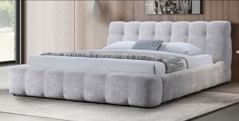 Brand New Grey Chenille Queen Bed Frame