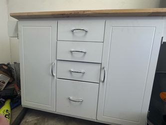 White Storage Cabinet with Butcher Block Top