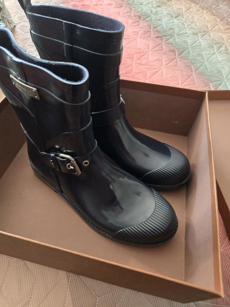 Barely worn Coach Lester Shiny Rubber Denim blue Rain boots Size 7M A8805