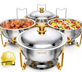 VEVOR 4-Pack Round Stainless Steel  Lid and Glass Lid Chafing Dishes Cookware Set, 6QT Stackable Pots Buffet Servers & Warmers, with Fuel Holders for 