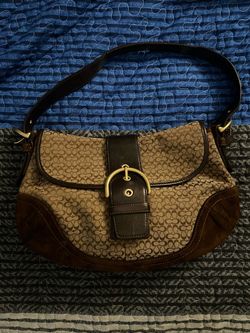 COACH Y2K Micro Signature Beige Canvas Brown Suede Shoulder Bag