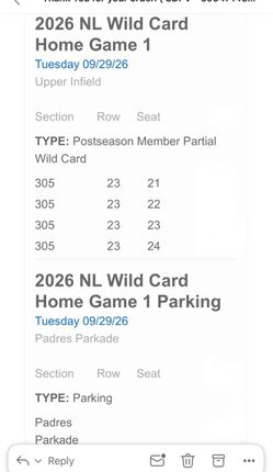 Four (4) Game One Wild Card Seats and Parking Pass at Petco - Padres v Cubs