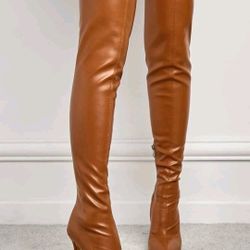 Cognac Thigh High Pointy Toe Boots - Sz 9
