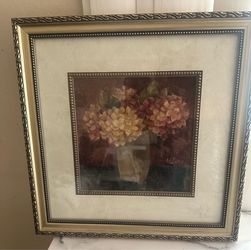 Vintage Framed Floral Art Print with Ornate Gold Frame