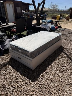 Twin White Bed Frame with Front Drawer + Mattress