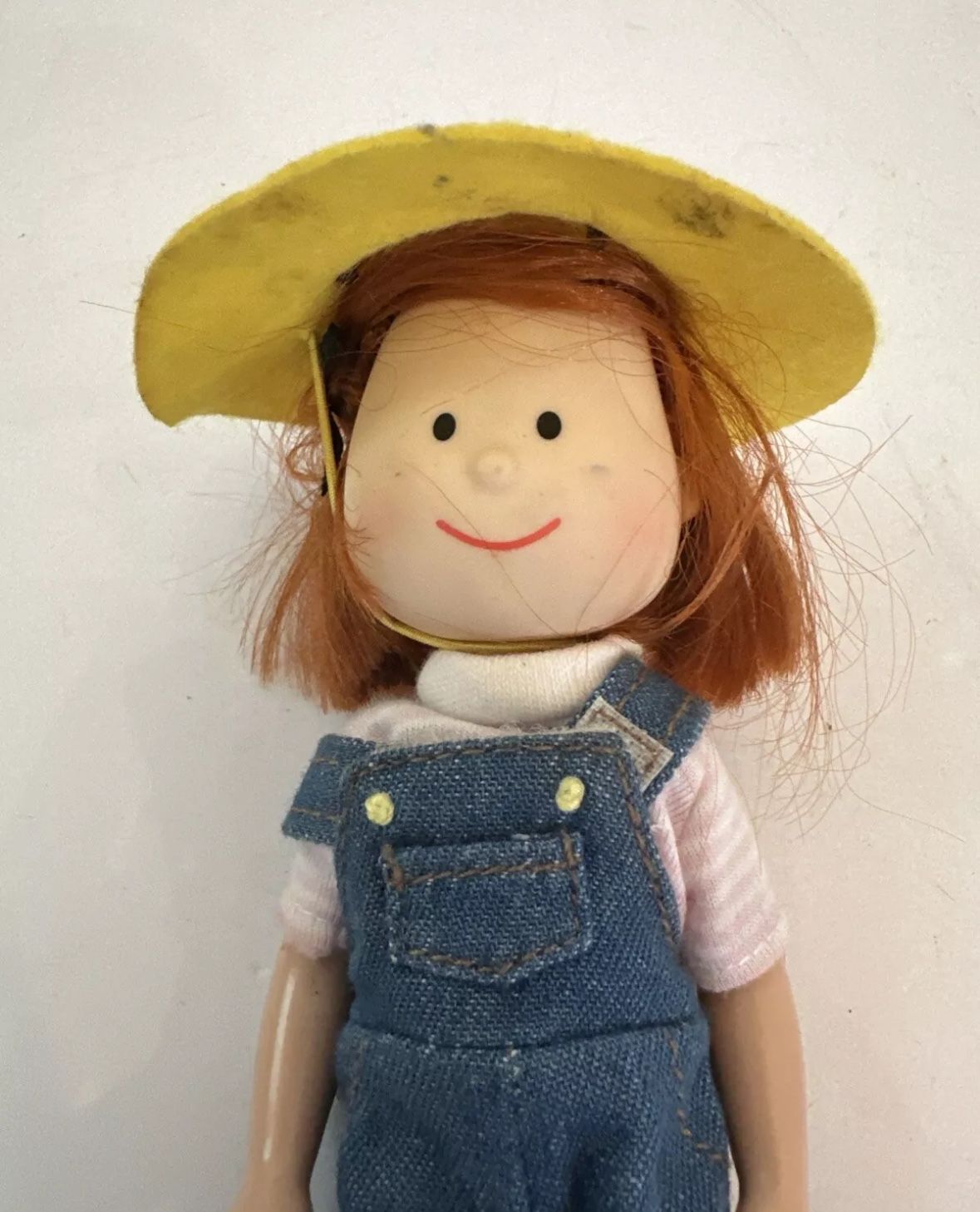 Vintage 90s Madeline Red Hair Poseable Doll Eden 8” Overalls Yellow Hat