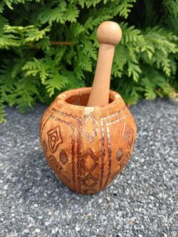 Vintage Leather Wrapped Hand-made Clay Mortar & Wooden Pestle