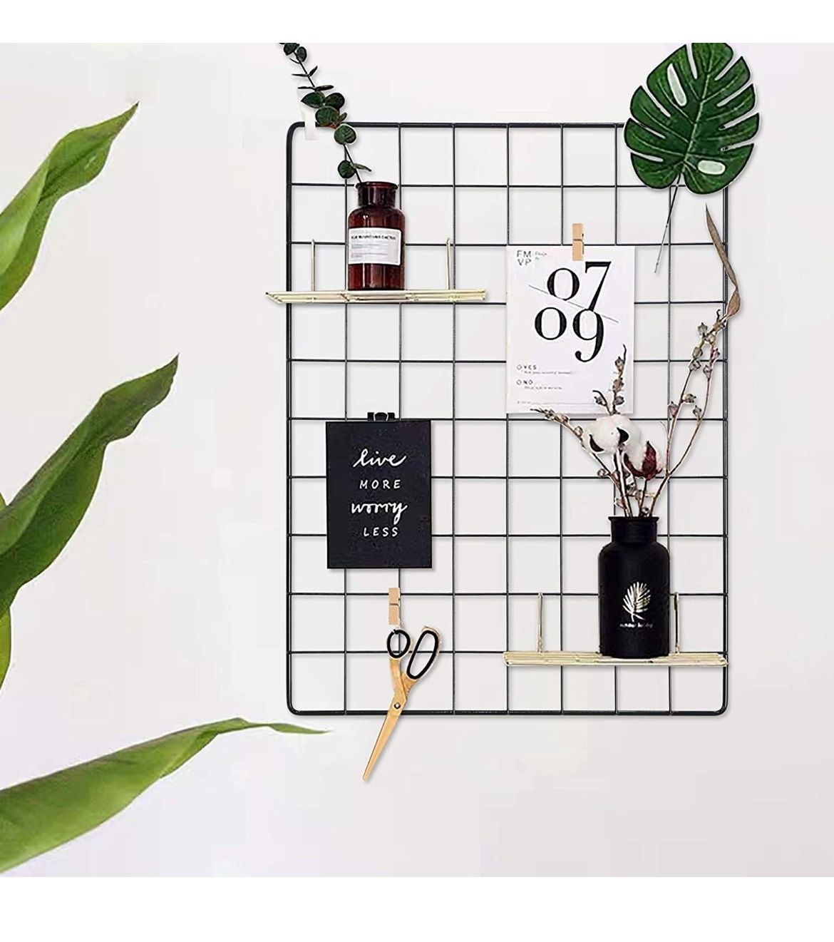 Photo Wall Panel, Wire Wall Grid, Wall Grid Panel, Grids Panel Set of 4, Decor Grid Panel, Photo Display Shelves, Hooks, Clips, 15.7" × 11.8", Black