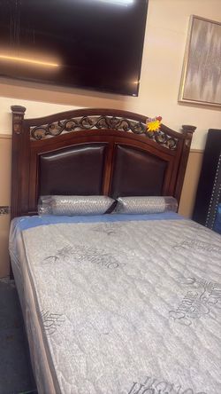 Dark Cherry Wood Headboard with Upholstered Panels