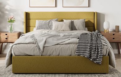 Latitude Run Queen Upholstered Storage Bed – Mustard Yellow Lift-Up Bed
