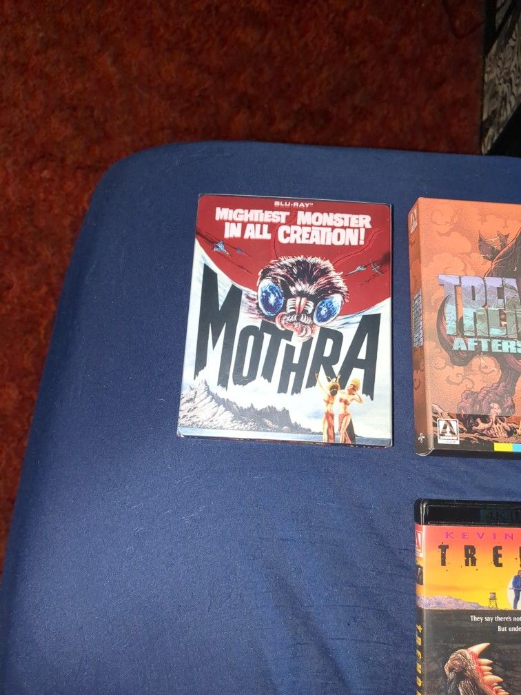4 Movies Mothra Steelbook Blu Ray, Tremors 2 Aftershocks 4K 2 Disc Limited Edition, Killer Klowns From Outer Space Arrow Video Blu Ray, Tremors 4K