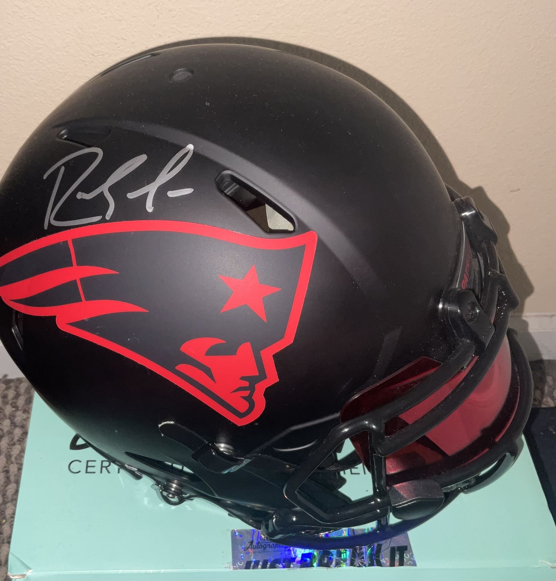 Randy Moss Autographed New England Patriots Black Out Lunar Eclipse F/S Speed Authentic Helmet w/  Chrome Red Mirror Visor Beckett C.O.A in Box w/ Bag