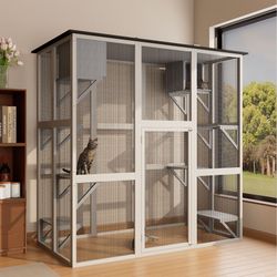 70.9 Gray Wooden Outdoor Catio Cat Enclosure with Weatherproof Asphalt Roof, Large Walk-in Cat House with 6 Platforms & 2 Napping Boxes, Solid Wood Ca