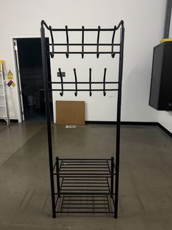 Black Metal Coat Rack with 9 Hooks & Shoe Storage Shelves