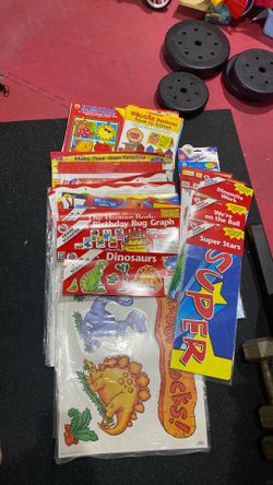 Teachers’ supplies: lots of bulletin board sets and planning books.