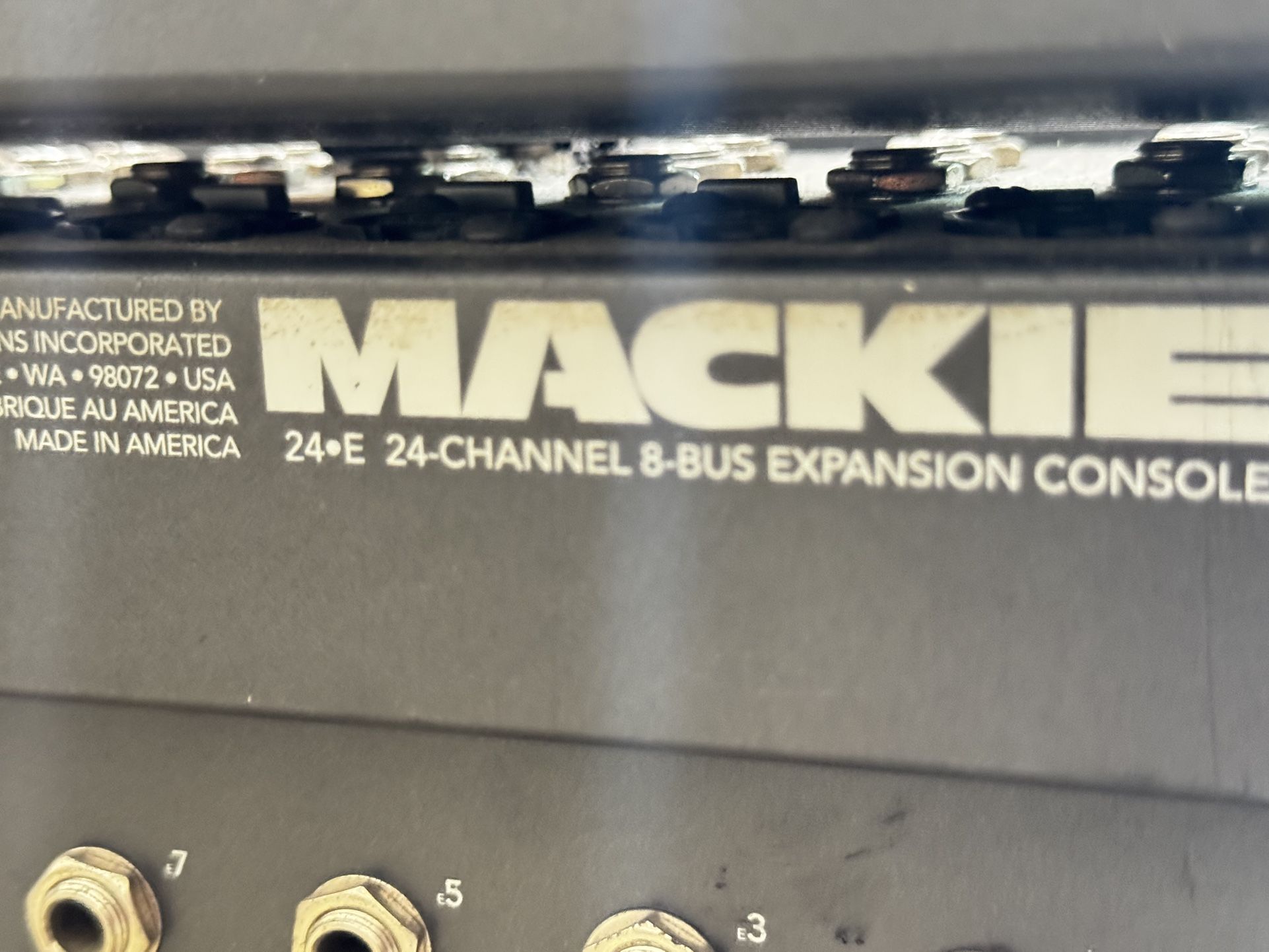 Mackie 24•E 24-Channel 8-Bus Expansion Console. It is an audio mixer used to combine and process multiple audio signals